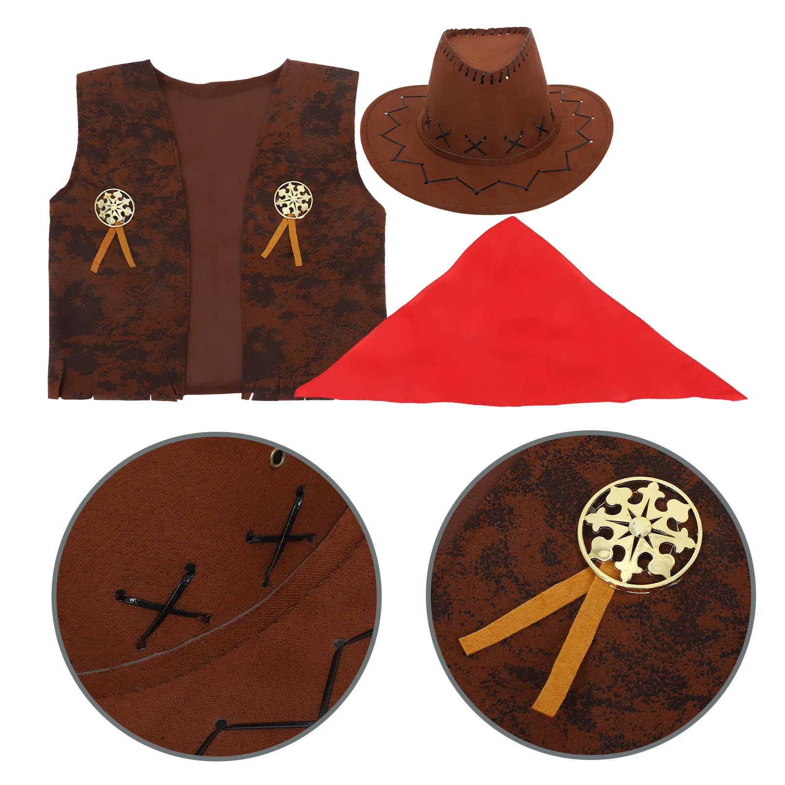 Kids Cowboy Costume Western Cowgirl Vest Hat Bandana Halloween Dress Up Party Cosplay Brown 115-130 M Multiple