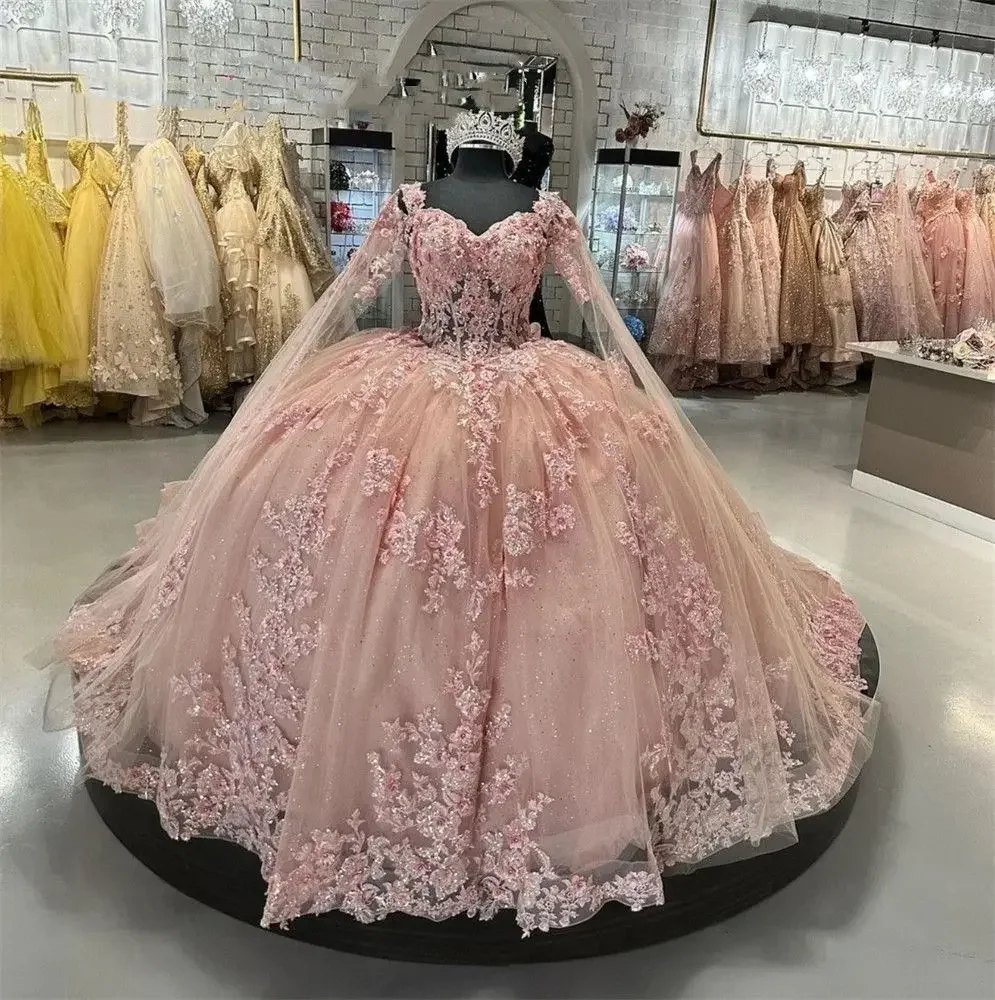 Pink Princess Sweetheart Ball Gown 15 Years Old Quinceanera Dress Long Sleeve Beaded Appliques Party Gowns Vestidos De 15 Anos