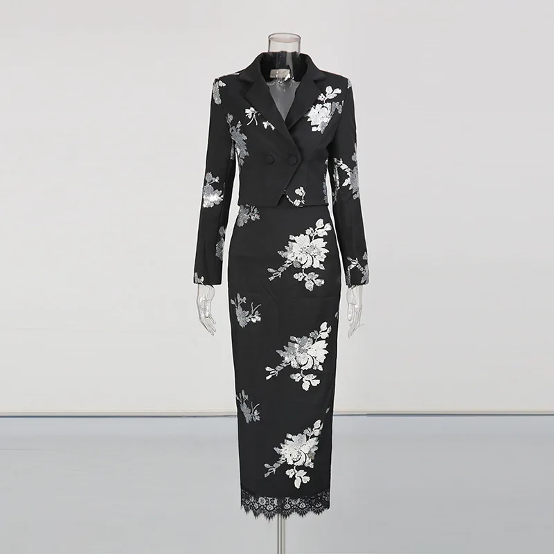 HKSH otoño nuevo conjunto de mujer cuello vuelto lentejuelas flor chaqueta corta Oficina señora abrigo encaje Patchwork A-line falda elegante HK11555