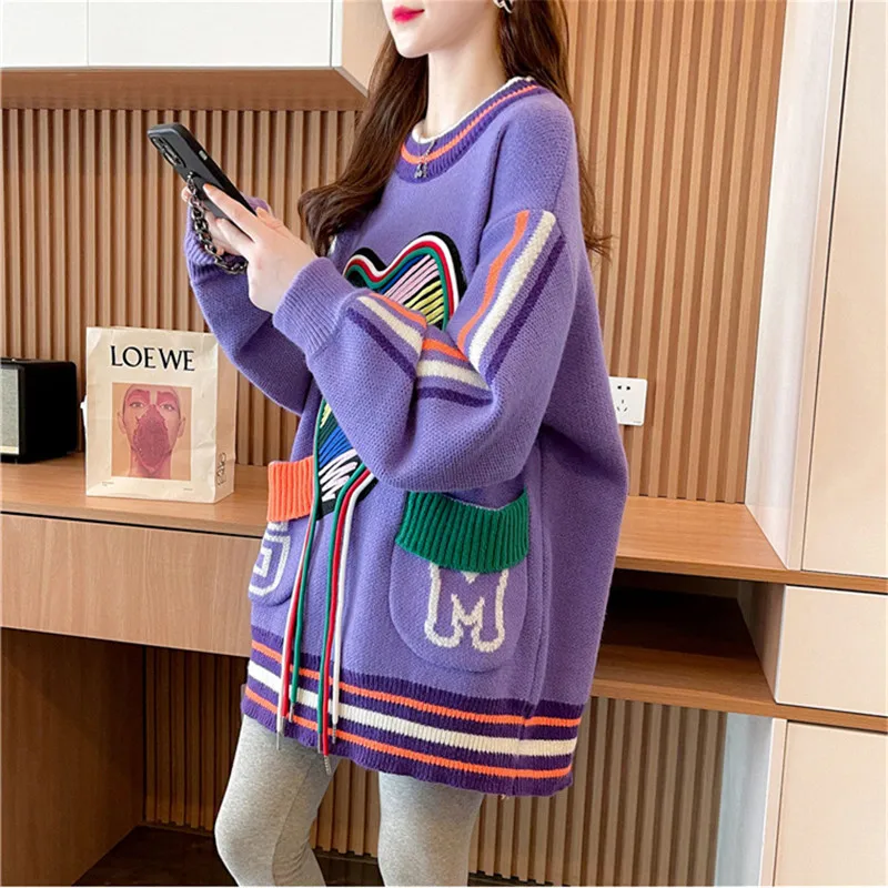 Spliced Knitted Sweater Women Pocket Fashion Letter Ribbon O-Neck Pullovers Loose Tops Female Autumn Winter Thick Warm Sweaters