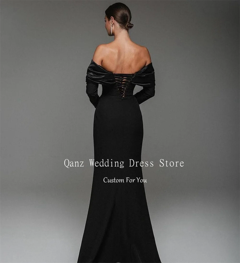 Qanz Black Evening Dresses Dubai Off The Shoulder Mermaid Prom Gown Satin Long Sleeves Formal Occasion Dresses 2024 Customized