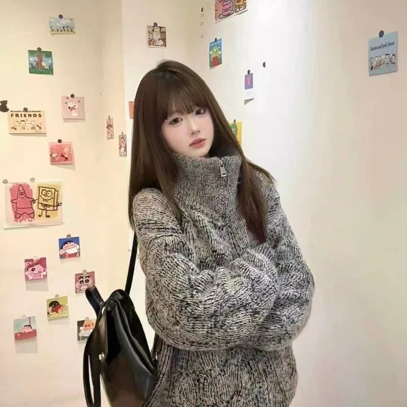 ديبتاون الكورية نمط سستة سترة المرأة خمر Harajuku سترة فضفاضة غير رسمية نمط المال القديم الخريف الشتاء سترة مشغولة من الصوف #1