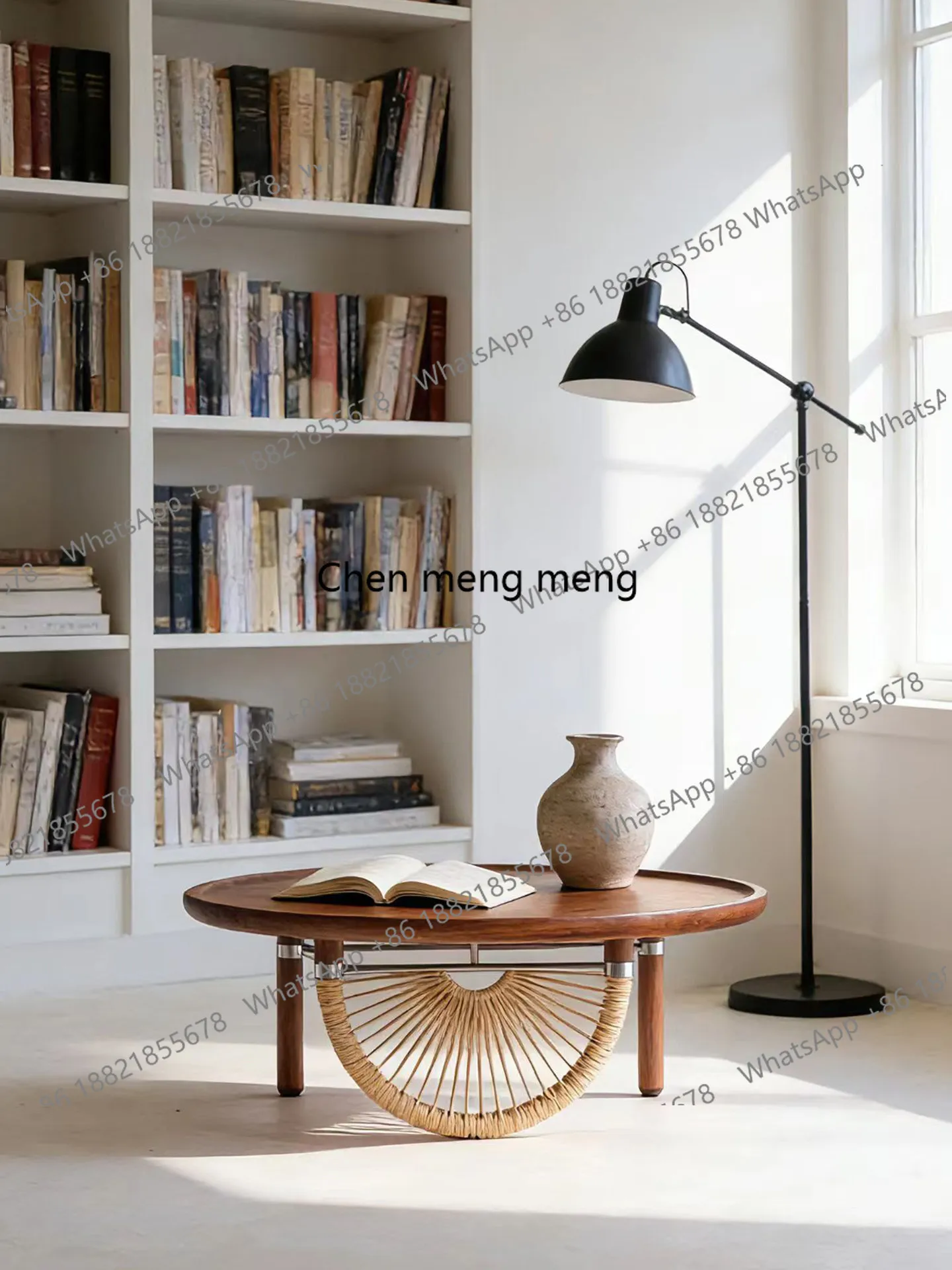 

Wabi Sandy Wind Solid Wood Coffee Table Living Room Balcony Round Retro B & B Hotel Rattan Creative Tea Table