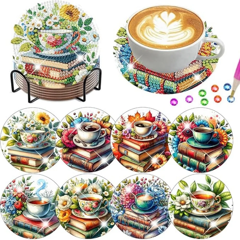 

8PCS/DIY Diamond Art Painting Coasters with Stand, Book Pattern Diamond Art Cup Pads, Adult and Beginner-Friendly Diamond Painti