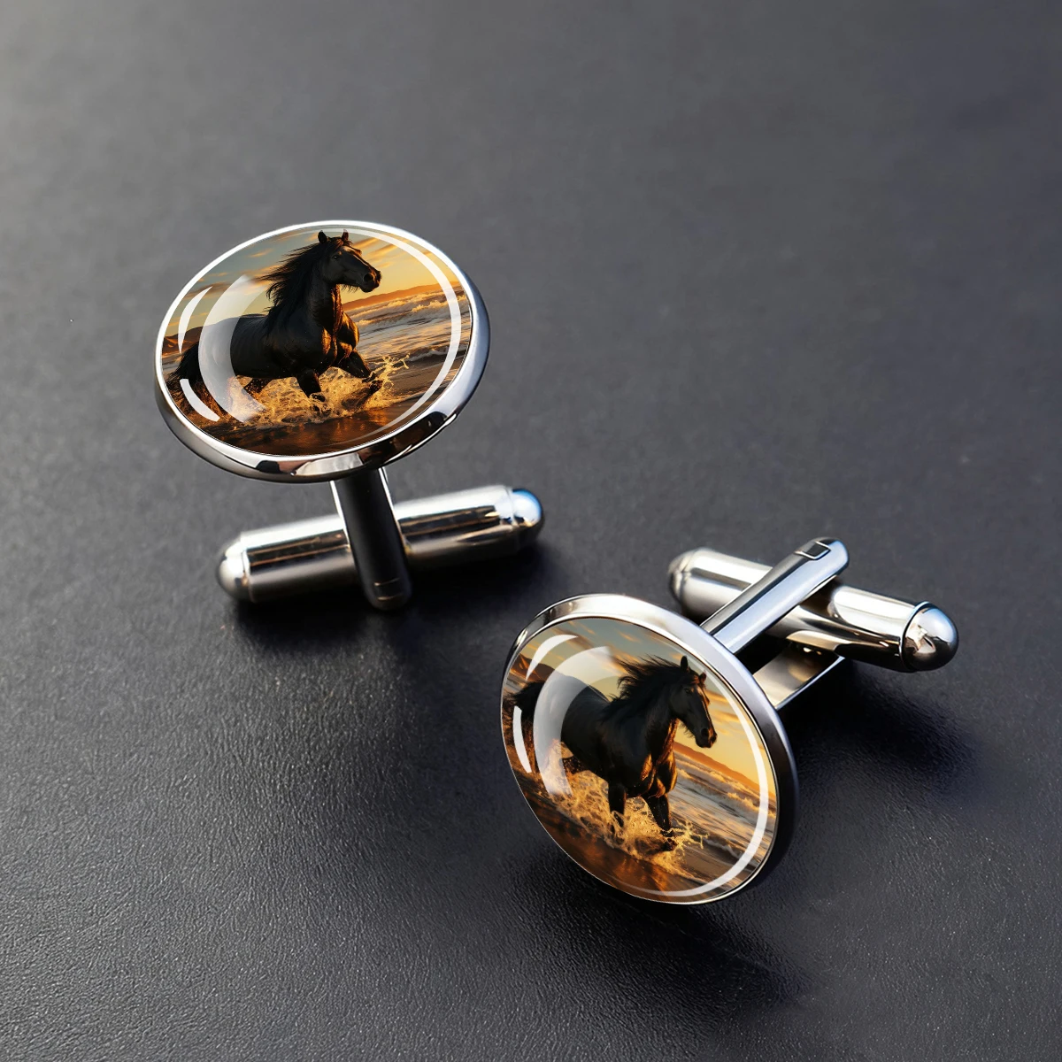 Galloping Horses Alloy & Glass Dome Round Cuff  Links , Year of the Horse Jewelry, Fashion Formal Accessories Mens Cufflinks