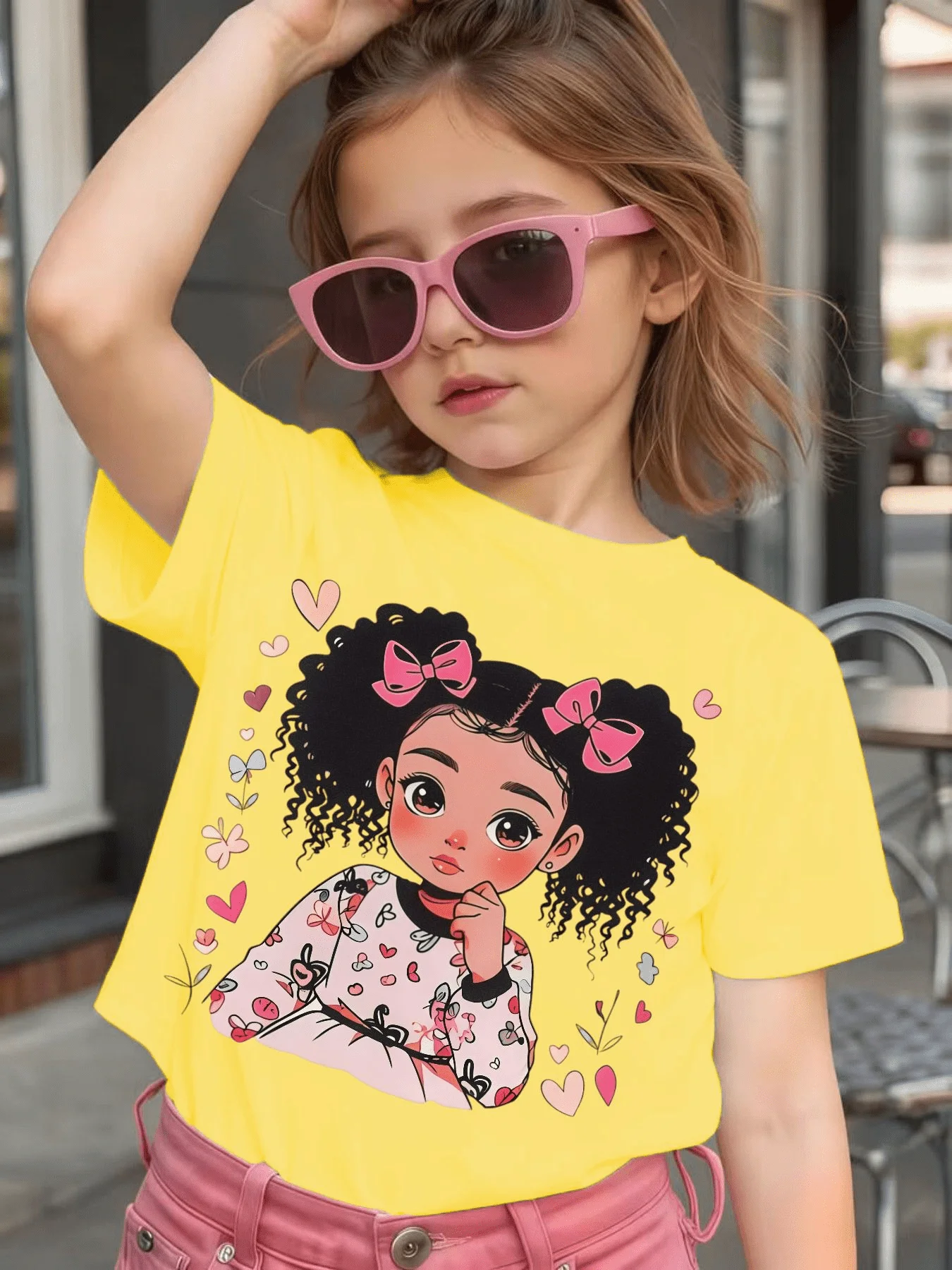 Parent Child Tee Curly Hair Bow Girl Heart Floral Print Boys Girls Soft Short Sleeve Sweet Daily Casual Family Matching Tops