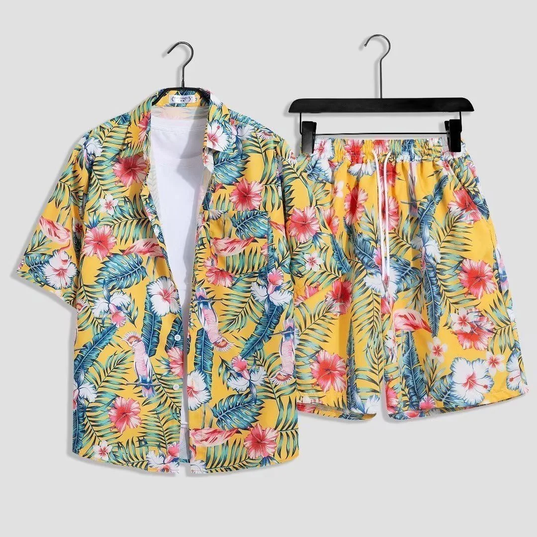 Summer Fashion Trend Beach Print Short-Sleeved Shirt Set For Men Loose Sports Breathable Plus Size High Quality Two-Piece Set
