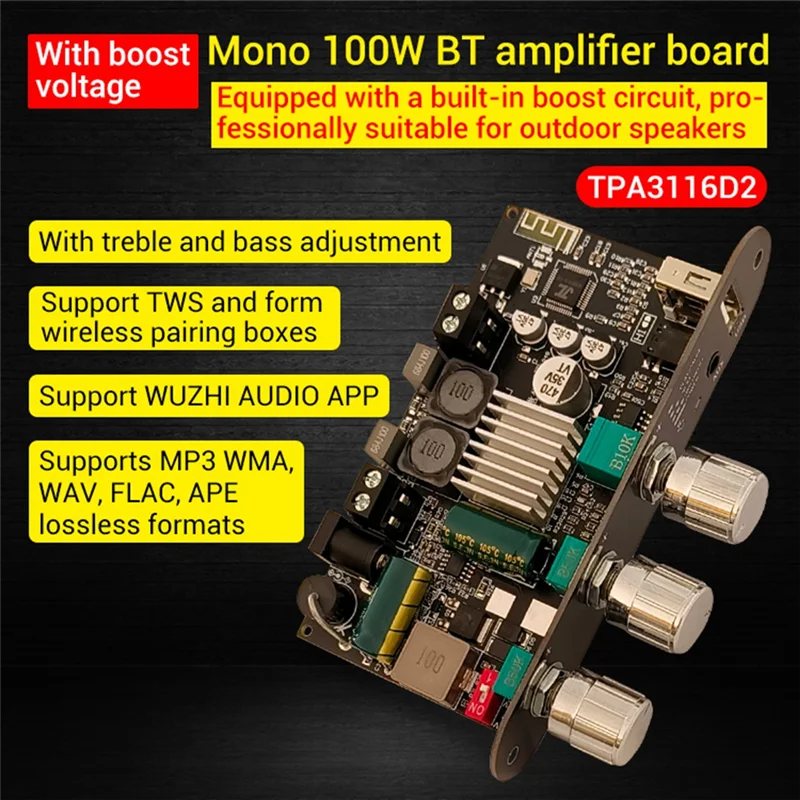 

HJ-ZK-1001U DC 9-24V Mono 100W BT Amplifier Board Module Forapp Amplifier Chip TPA3116D2 100W BT Amplifier Board