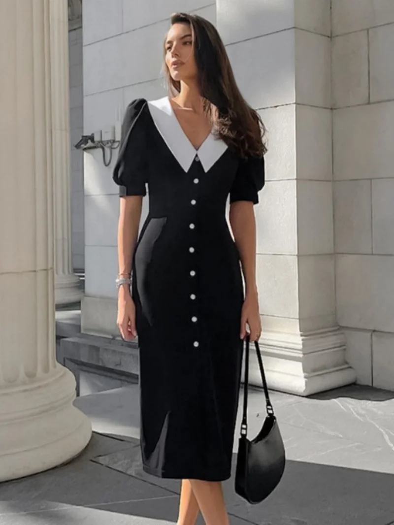 Elegant Colorblock Dress Summer Clothing Women 2026 Puff Sleeve Single Breasted Slim Fit Midi Dresses OL Style Commuting Dress