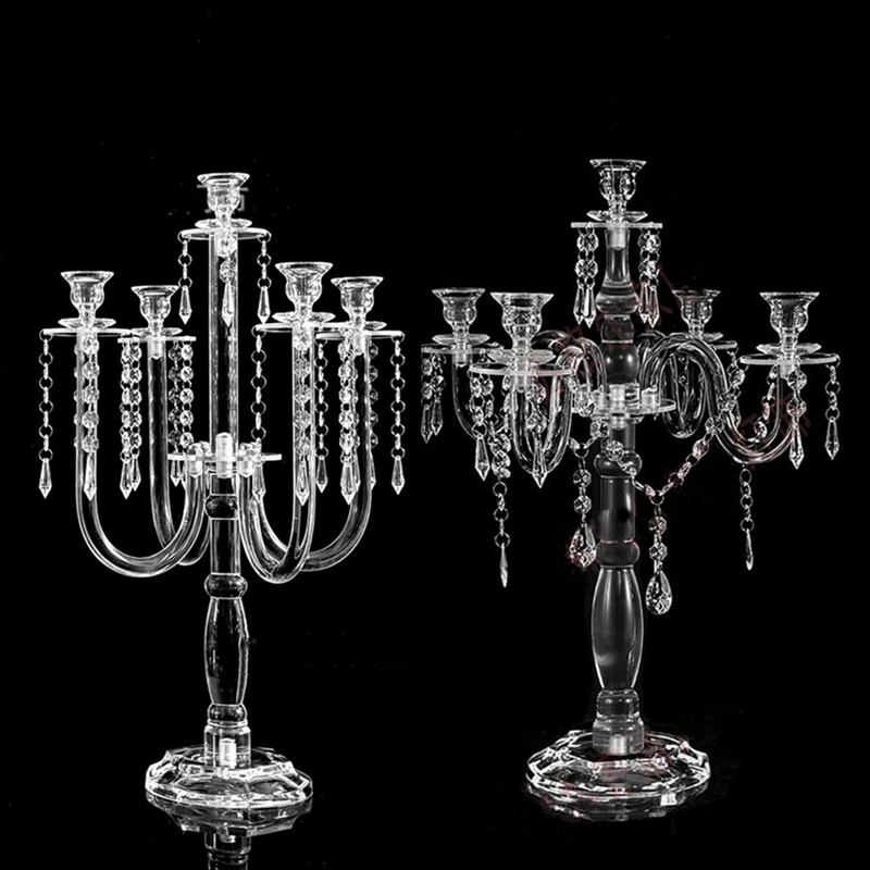 Clear Candle Holders 5 Arms Acrylic Candlesticks Wedding Table Centerpiece Candelabra Pillar Stand Road Lead Party Decor