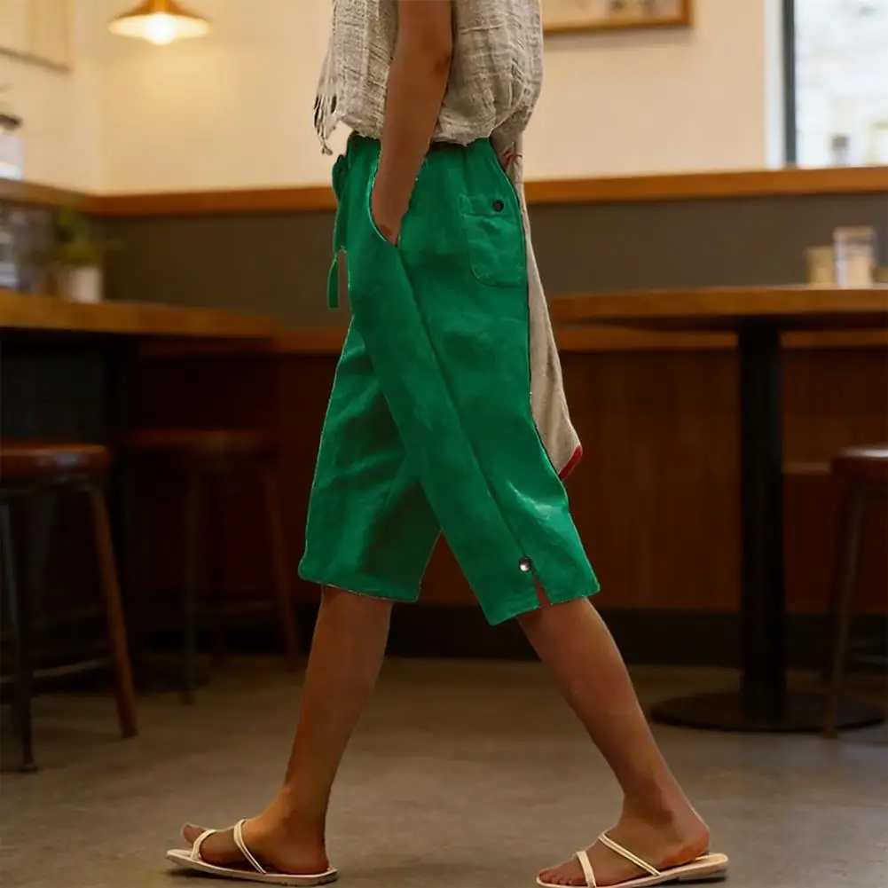 2026 Loose Fit Pants Breathable Cropped Pants with Pockets Loose Fit Mid-calf Trousers Straight Leg Summer Wear with Side Slits
