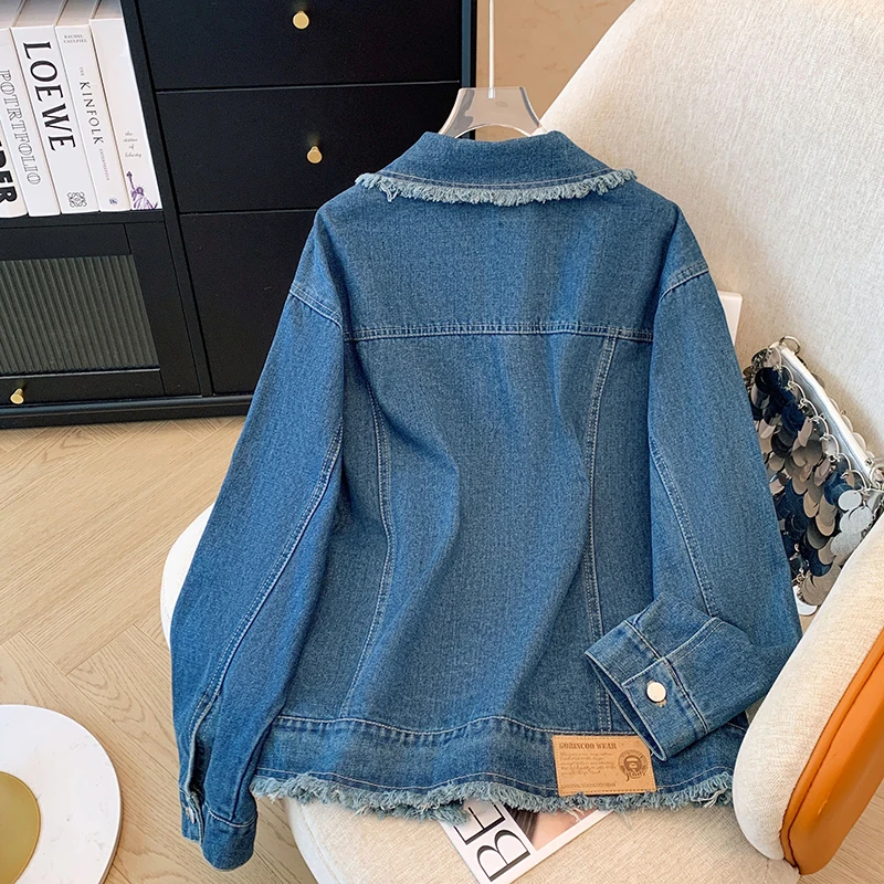 Retro Hairy Edge Blue Denim Jacket For Women Spring Autumn New Style Loose Design Korean Edition Single Breasted Casual Coat Top