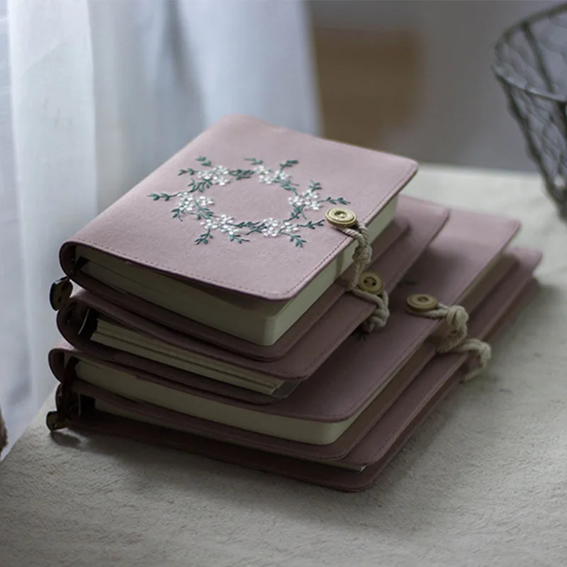 Cotton Pink Note Books Embroidery Wreath Loose Leaf A5 / A6 Binder Notebook Diary Cover Artist Moterm Ring Planners Notepad