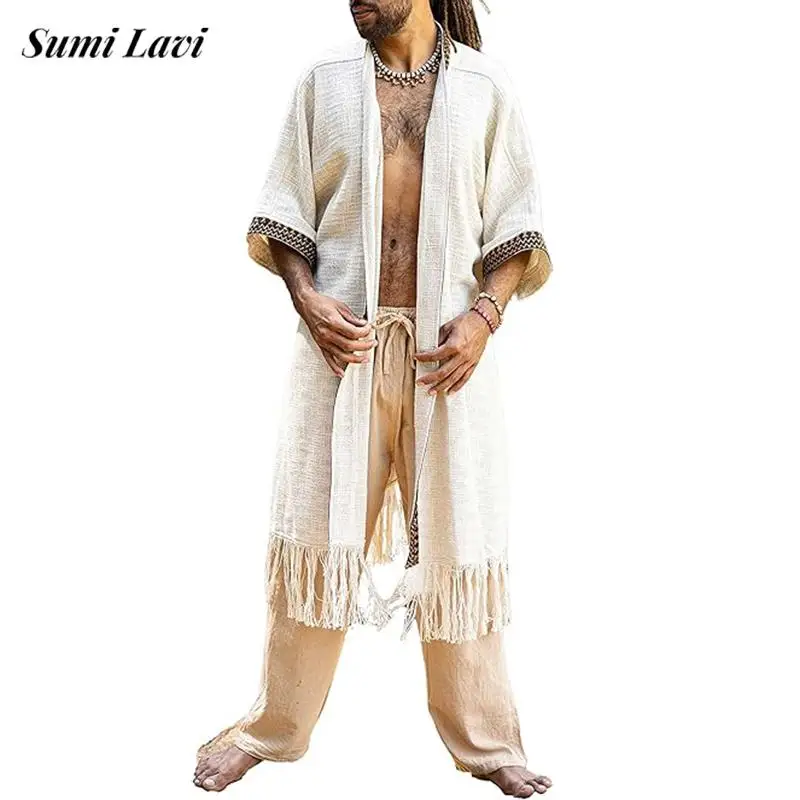 Seaside Beach Mens Long Cardigans 2025 Spring Summer Casual Half Sleeve Loose Shirt Cardigan For Men Vintage Boho Clothes Male