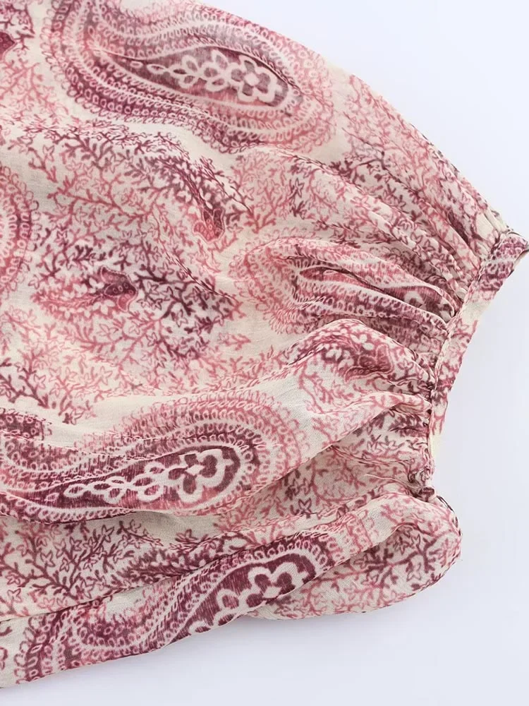 2025 ชุดสตรีฤดูร้อนVINTAGEพิมพ์ชีฟองVคอCascading RuffleแขนยาวหญิงElegant Street Dressesเสื้อผ้า