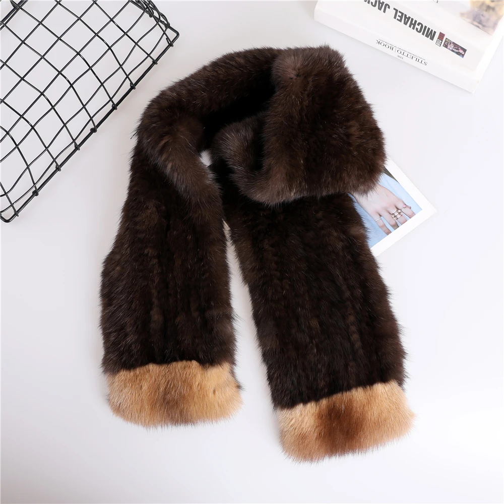 Luxury Women\'s 100% Real Sable Fur Knitted Scarf Natural Mink Scarves Lady Fahion Winter Wraps Girl Solid Neckercheif 120cm Long