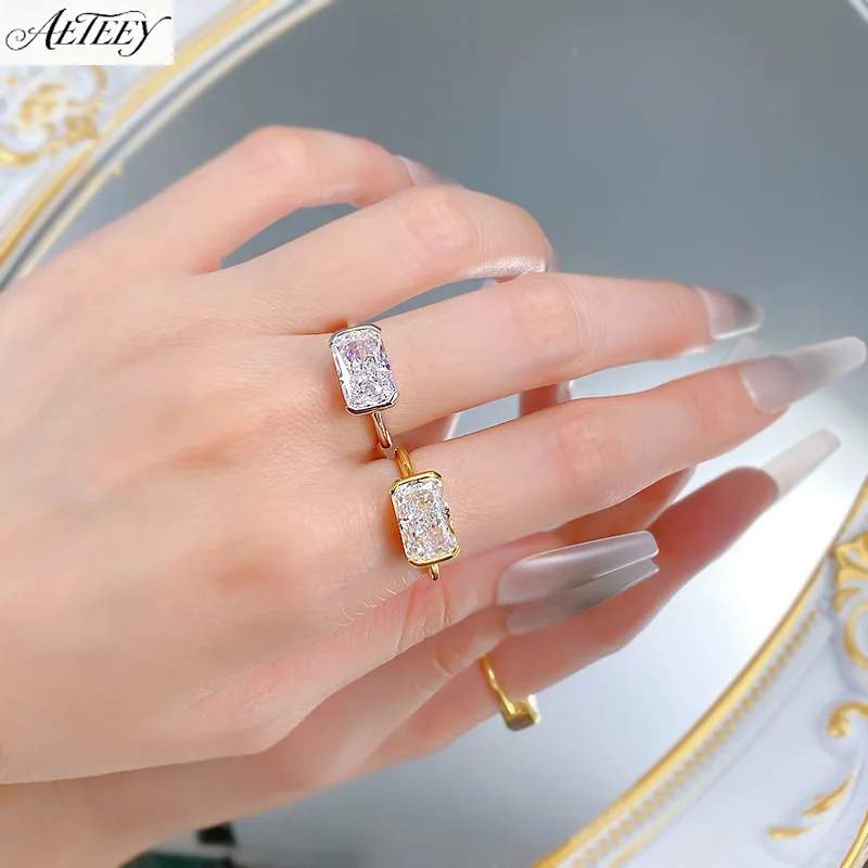 AETEEY S925 Sterling Silver Rectangular Ice Flower Cut Ring 7*11mm Luxury Women Finger Jewelry