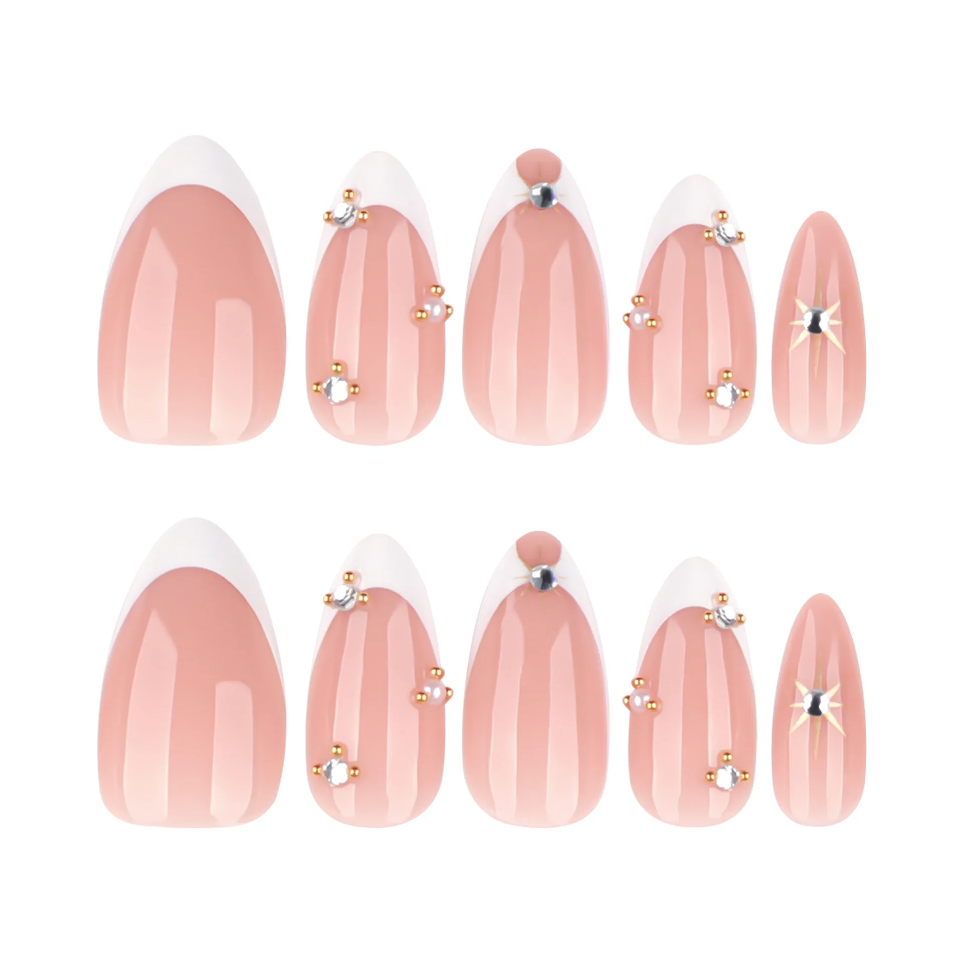 

24PCS Light Luxury Gold Star Rhinestone Fake Nails Clear White Almond Shape Press on Nails Elegant Advanced Galaxy Nail Art Uñas