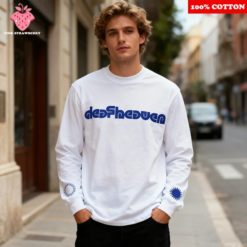 

American Street Letter Print T-shirt Men 2025 Autumn New 100% Cotton Oversize White Long sleeves T-shirt Y2k Top Men Clothing