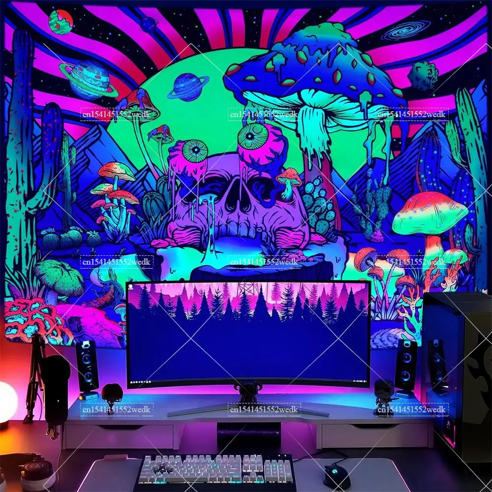 Blacklight Skull Tapestry Mushroom For Bedroom Aesthetic Cactus UV Tapestry Glow in The Dark Mountain and Sun Wall Tapestries