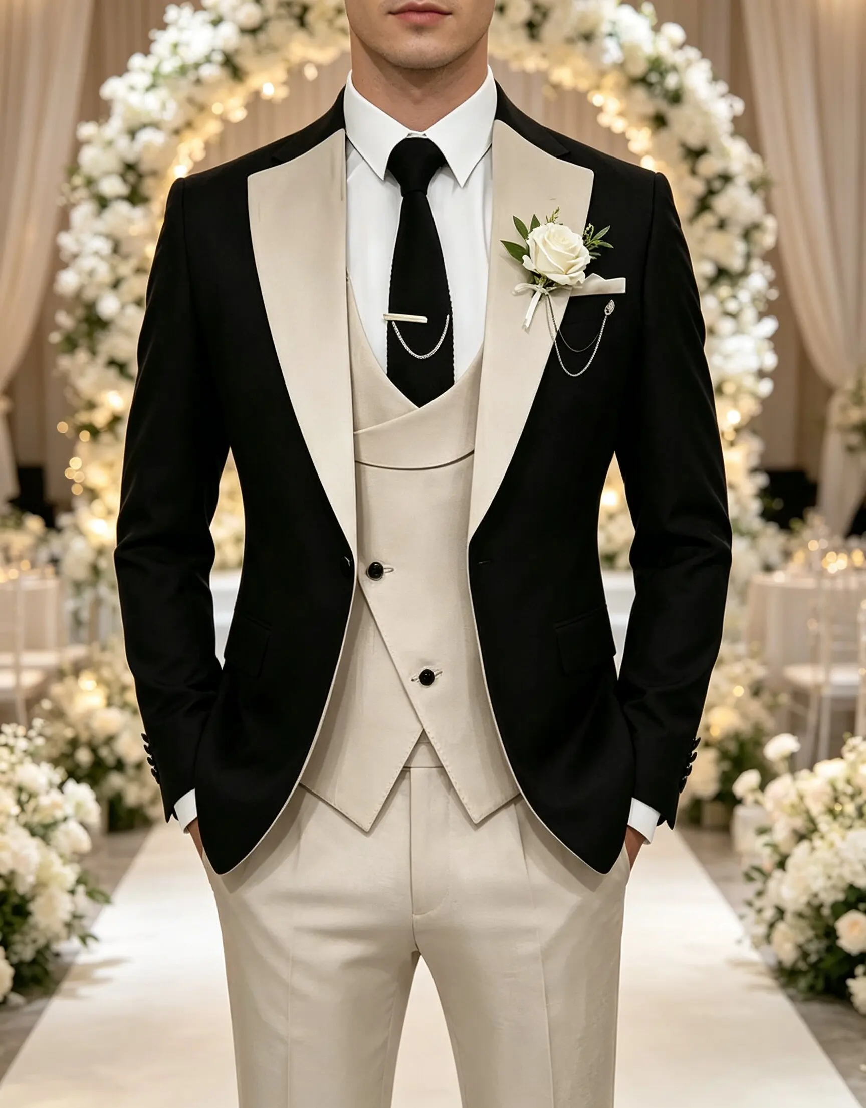 Herren zweifarbiger lässiger 3-teiliger Anzug, Slim Fit, einreihiger Blazer, Weste, Hose, modisches Outfit für Dates, Treffen und Streetwear – Detail 3