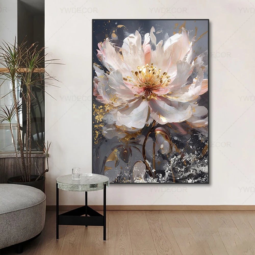 Abstract Gold Beige Floral Canvas Painting Modern Luxurious Poster Wall Art for Living Room Wall Decor Office Decor