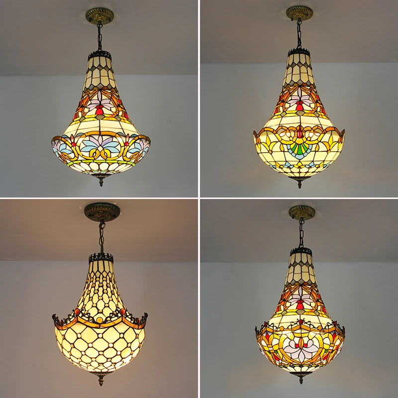 Tiffany Mediterranean Style Pendant Light Vintage Stained Glass Chandelier for Living Room Bedroom Dining Room Stair Lighting