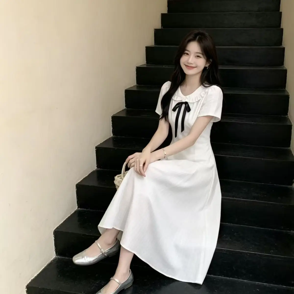 French First Love Collar Huge Good-looking Women's Summer College Style Gentle White Short-sleeved Temperament Long Skirt
