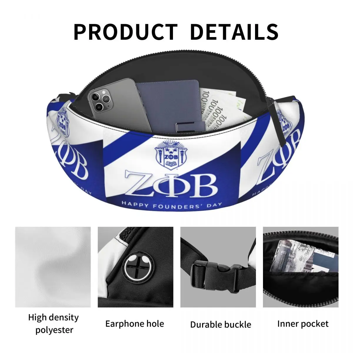 Zeta Phi Beta Greek Letter Fanny Pack, Ciclismo e Acampamento, Homens e Mulheres, Bolsa de Cintura Crossbody, Bolsa de Dinheiro, Moda, ZOB