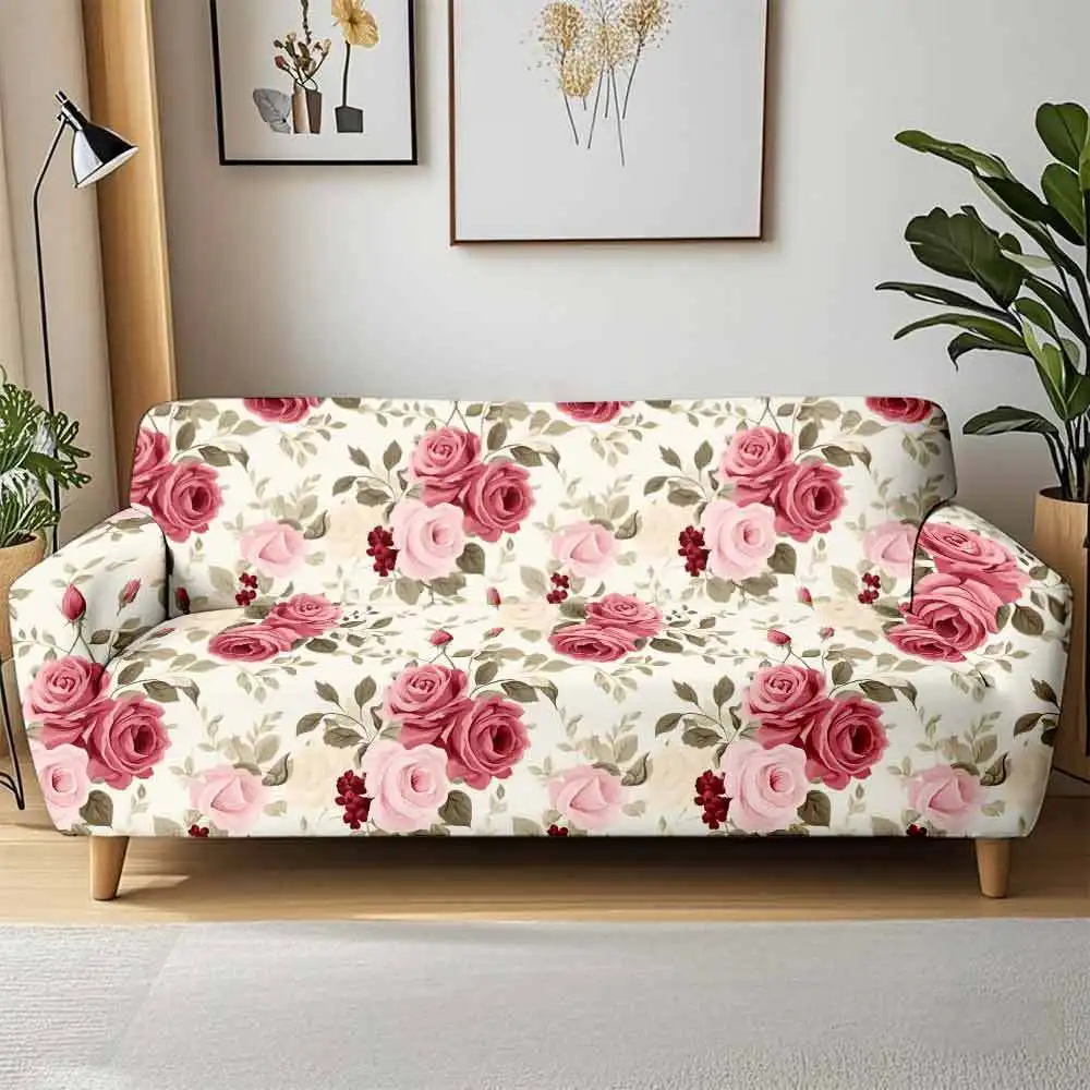 1pc Elegant Watercolor Rose Flower Print Stretch Sofa Cover, Removable Washable Furniture Protector for Living Room