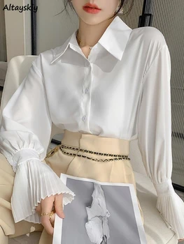 قميص نسائي بأكمام طويلة، تصميم فضفاض مناسب، نمط كوري سادة، طيات خريفية مريحة، كل مباراة، مكتب سيدة بسيط جديد