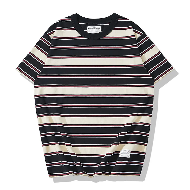 Men Striped Short Sleeve T-Shirt Heavy Weight High Quality Casual Contrast Color Half Tees Tops Male