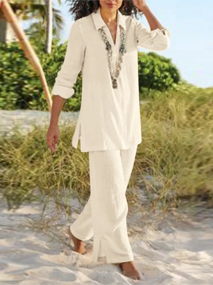 

Casual Solid Cotton Linen 2 Piece Set Women Suit Loose Long Sleeve Tops Elegant Lady Wide Leg Pants Outfits Spring Summer