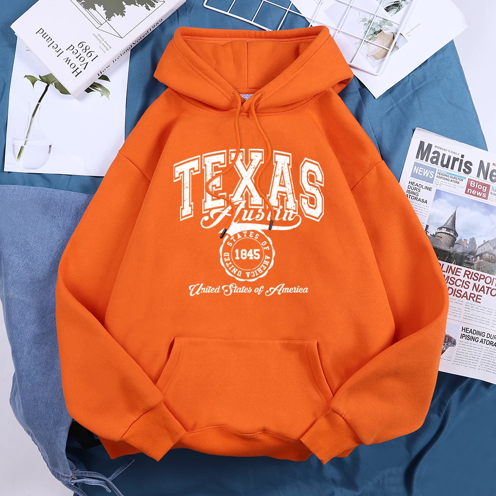 Texas Austin United States Of America Hoodies Women Fleece Crew Neck Hooded Creative Novelty Hoodie Street Harajuku Unisex Tops