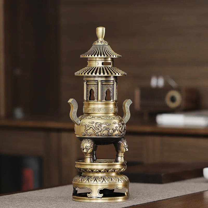 Pagoda Incense Burner Desktop Craft Ornament Blessing Wealth Incense Censer Classical Home Solid Brass Decor Zen Gift