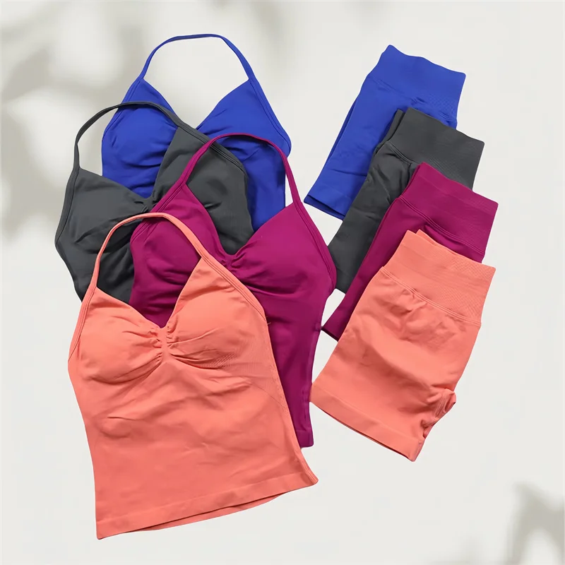 2 قطع النساء تأثير اليوغا مجموعة سلس الخطوط الطويلة Strappy تانك القمم Scrunch السراويل الرياضية الصالة الرياضية ملابس امرأة الصيف تجريب الزي