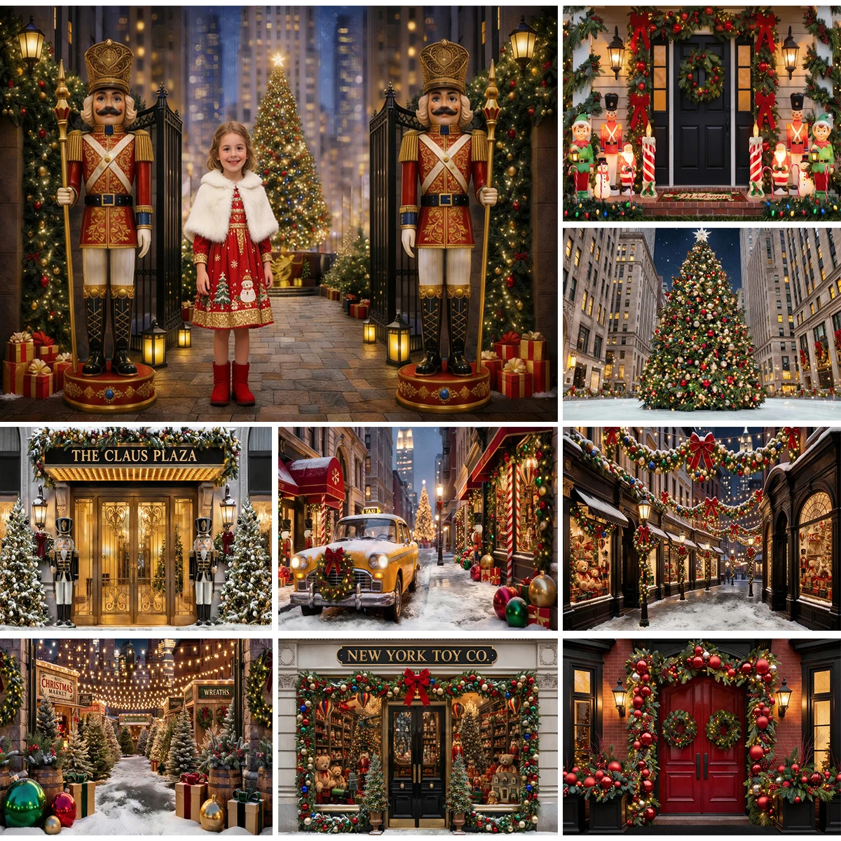 Photography New York - ヴィンテージニューヨークくるみ割り人形クリスマスマーケット写真撮影用背景幕雪の降るクリスマス冬家族子供パーティー用