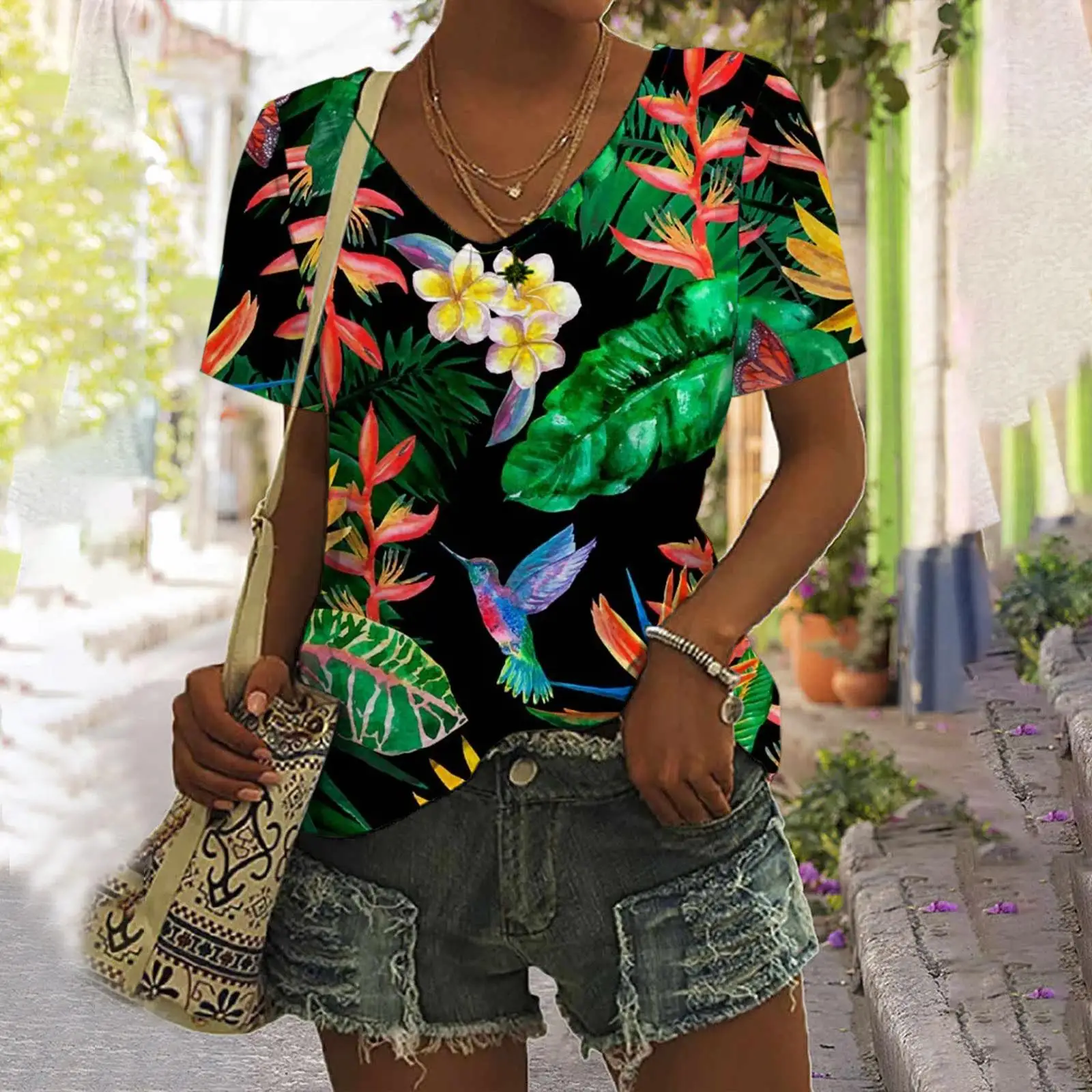 Floral Tropical Plants T-Shirts Parrot 3D Print Women V-Neck Short Sleeve T Shirt Oversized Harajuku Y2k Top Tees Woman Clothing