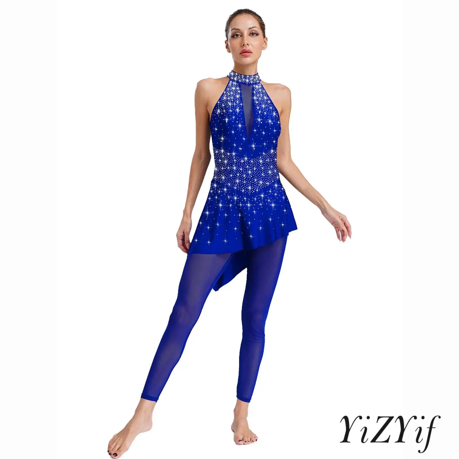 

Women Lyrical Jazz Latin Dance Costume Sleeveless Sheer Mesh Shiny Rhinestones Irregular Skirted Jumpsuit Gymnastics Dancewear