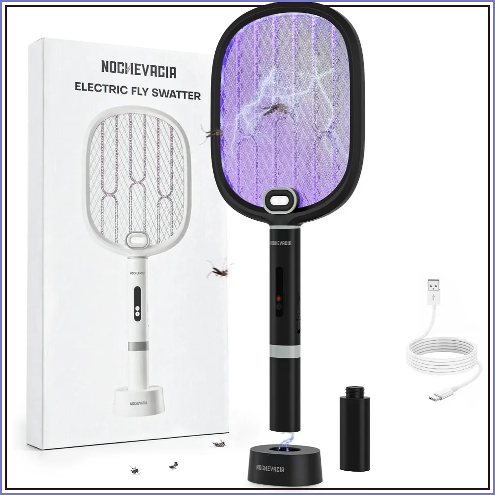 3800V Bug Zapper, USB Rechargeable Mosquito Racket with Purple LED Attractant, Indoor/Outdoor Pest Killer, Black