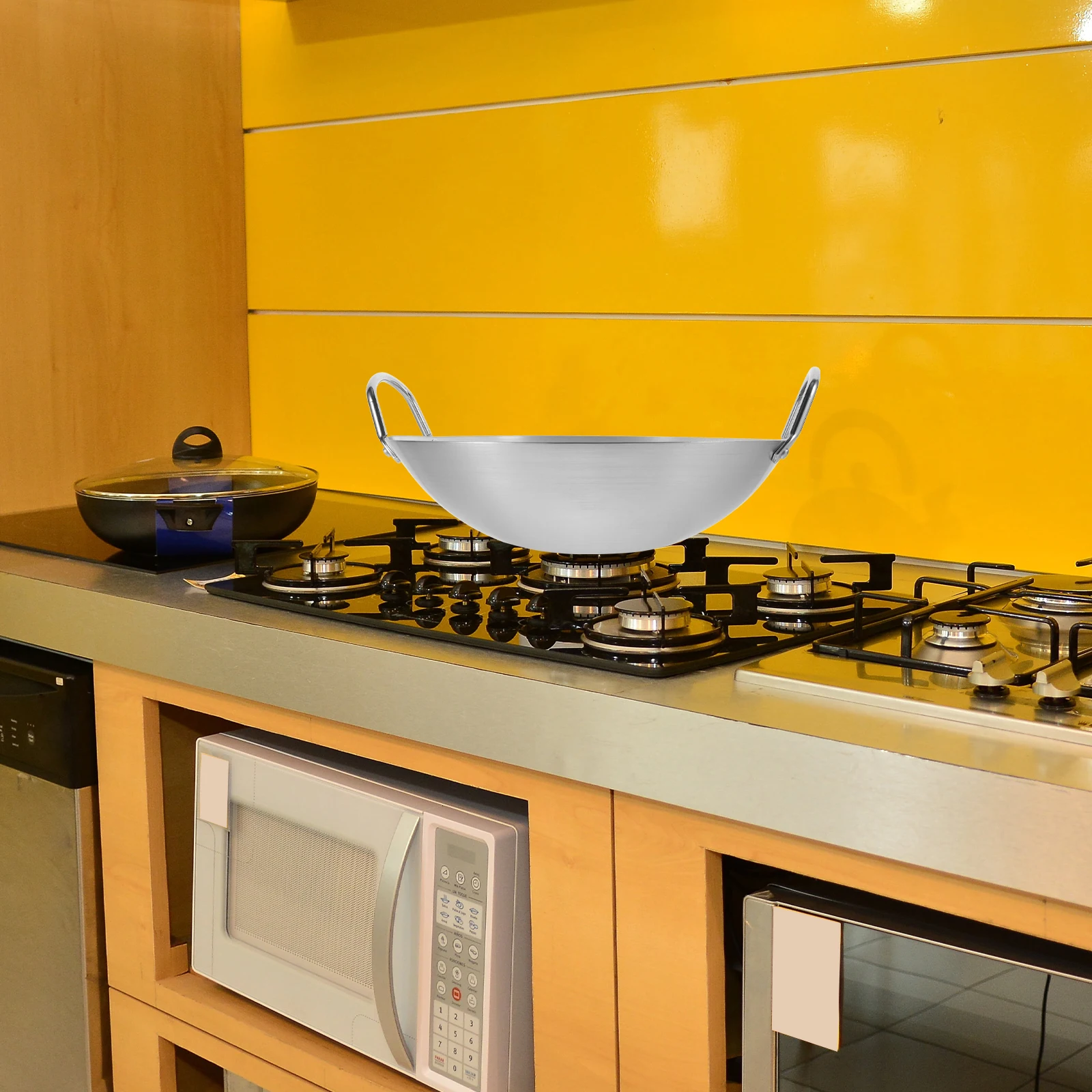 

Stainless Steel Wok Cooking Pot Kitchen Utensil Round Bottom Gas Stove BBQ Fried Potatoes Scrambled Eggs Brown Easy
