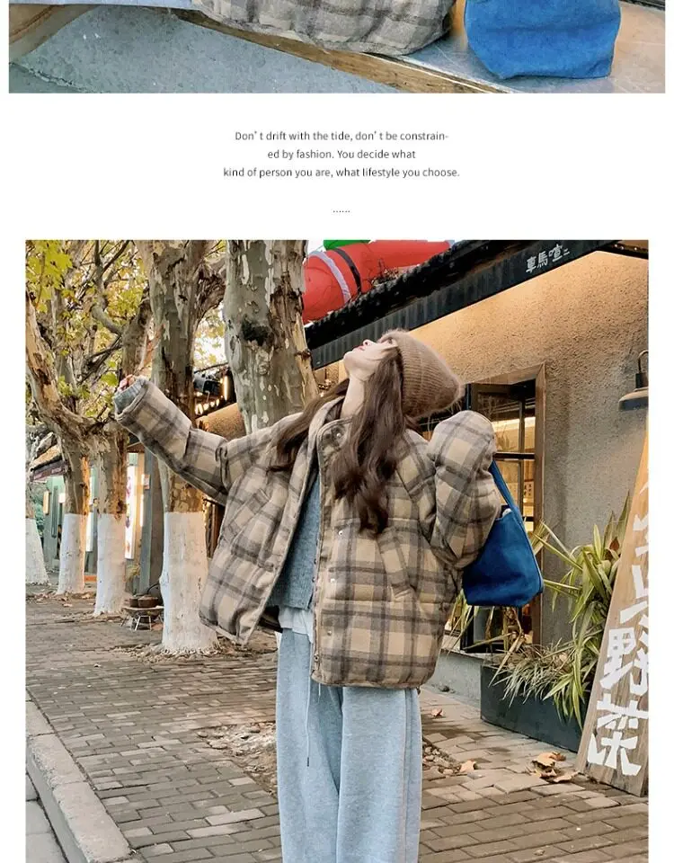 Retro Plaid Short Padded Jacket for Women Autumn Winter Maillard Style Thick Warm Outerwear Female Casual Korean Puffer Jackets
