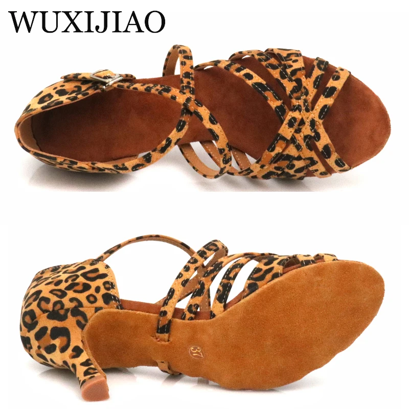 Women's leopard prinLatin dance shoes soft soled salsa shoes ballroom dance high heels women's sandals wedding shoes