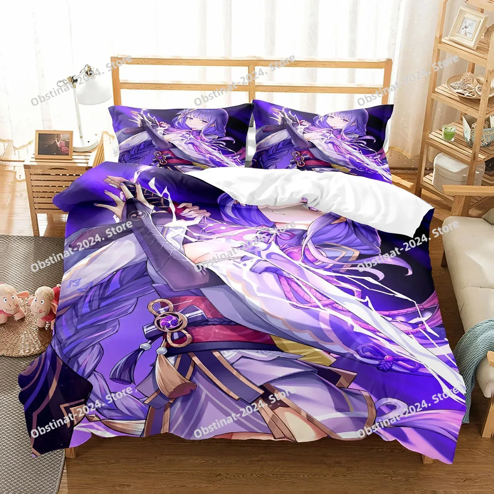 Genshin Impact Raiden Shogun Bedding Set Printed Bed Set With Pillowcase Duvet Cover Soft Single Double Queen Super King Size