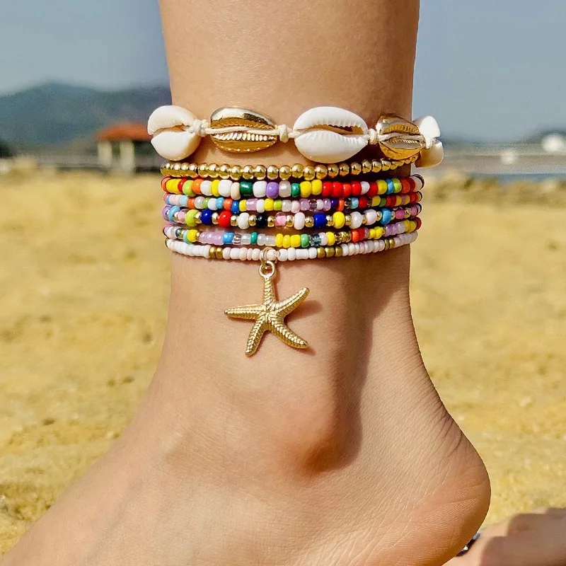 Cross-border New Bohemian Holiday Wind Shell Beaded Braided Women\'s Anklet Beach Wind Starfish Rice Beads Seven-piece Set 2024