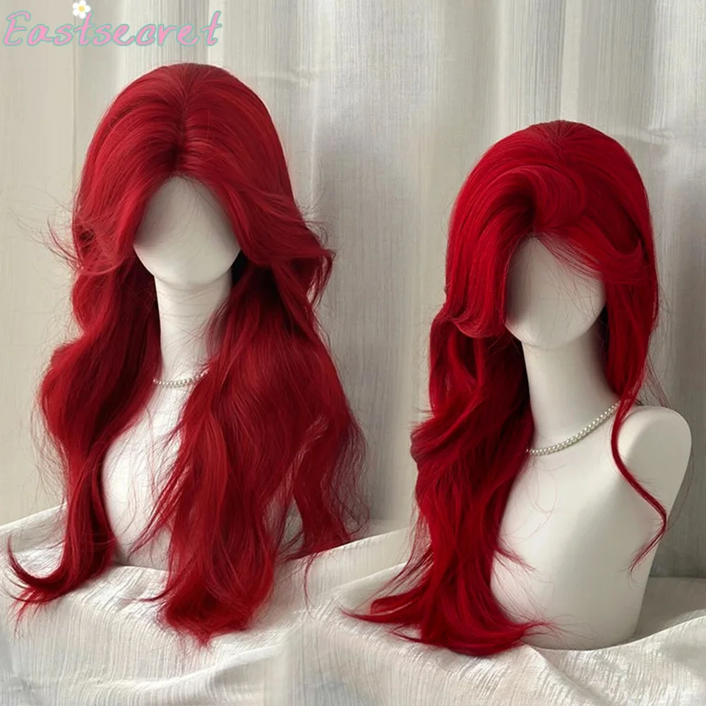 

EAST Burgundy Long Wavy Wigs Neptune Red Wig with Bangs for Women Daily Synthetic Hair Cosplay Wig Heat Resistant Fiber