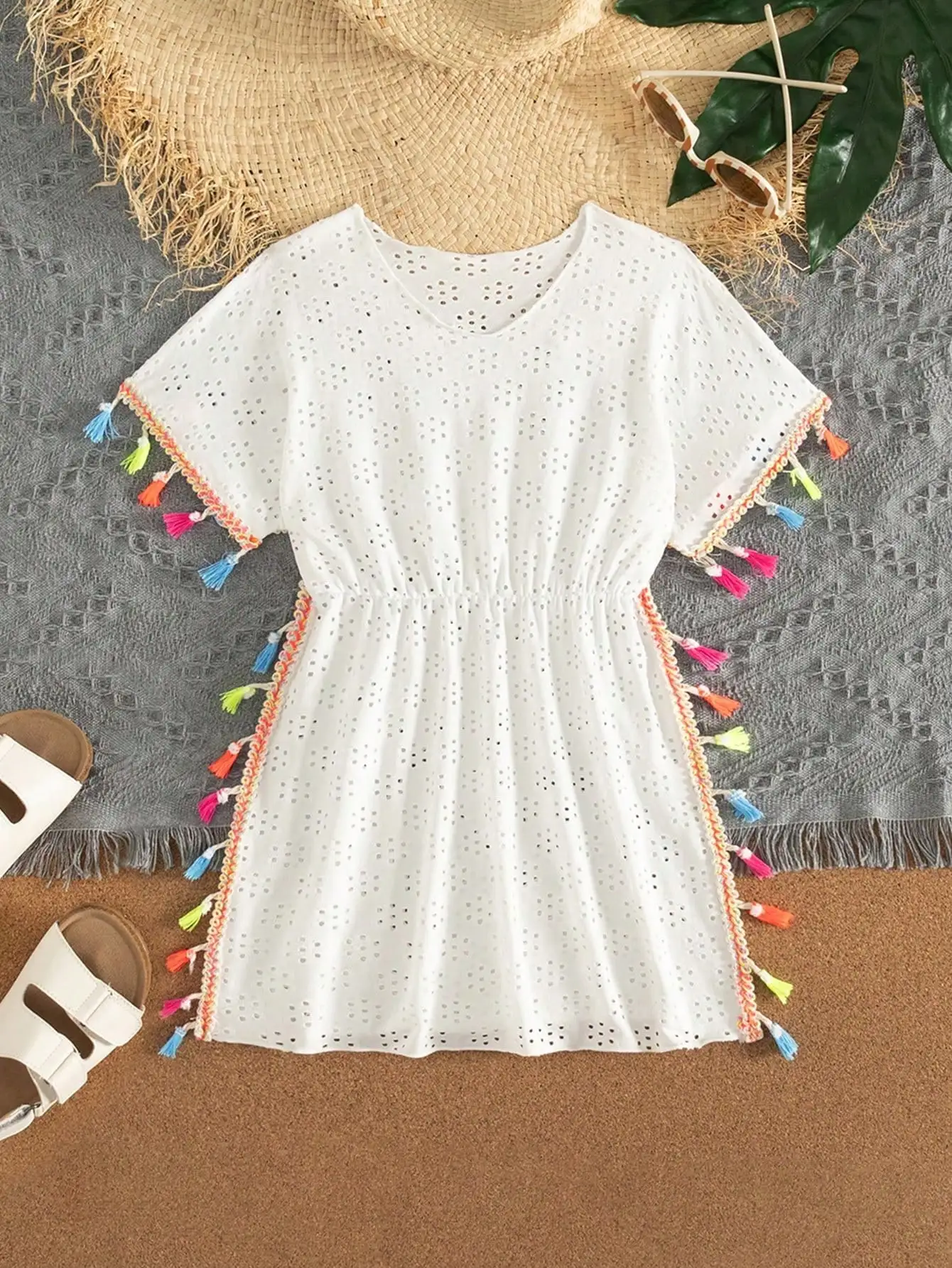 

Women White Eyelet Lace Cover Up Dress With Colorful Tassels Beach Vacation Summer Outfit