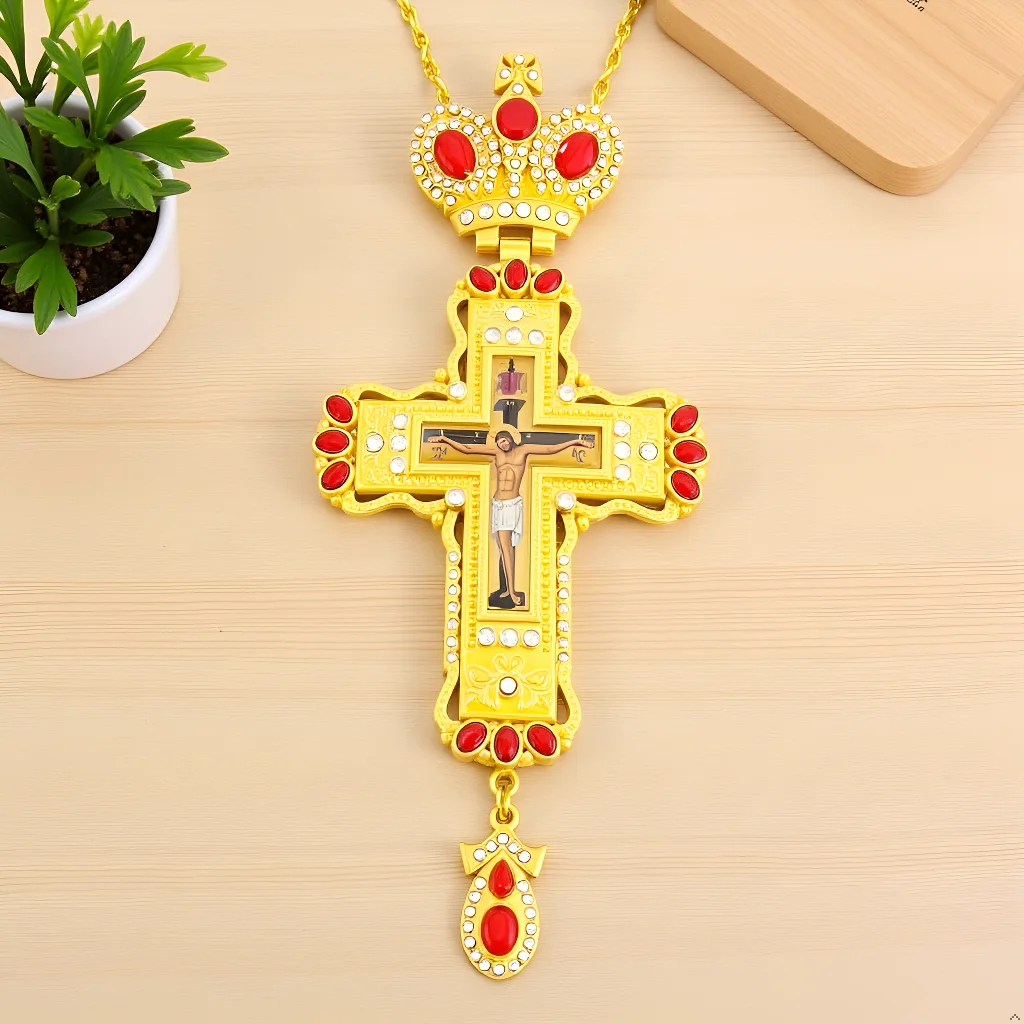 New Gold Plated Orthodox Pectoral Cross Crucifix with Red Rhinestone Inlay for Clergy Church Ceremony Religious Devotion Gift