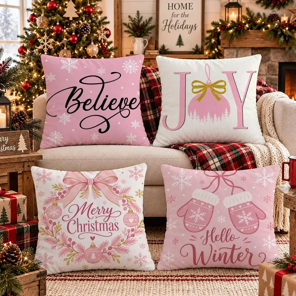 4PC Blush Pink Christmas Cushion Cover Plush Pillow Case Home Decor Sofa Double-Sided Print Living Room Festival Gift
