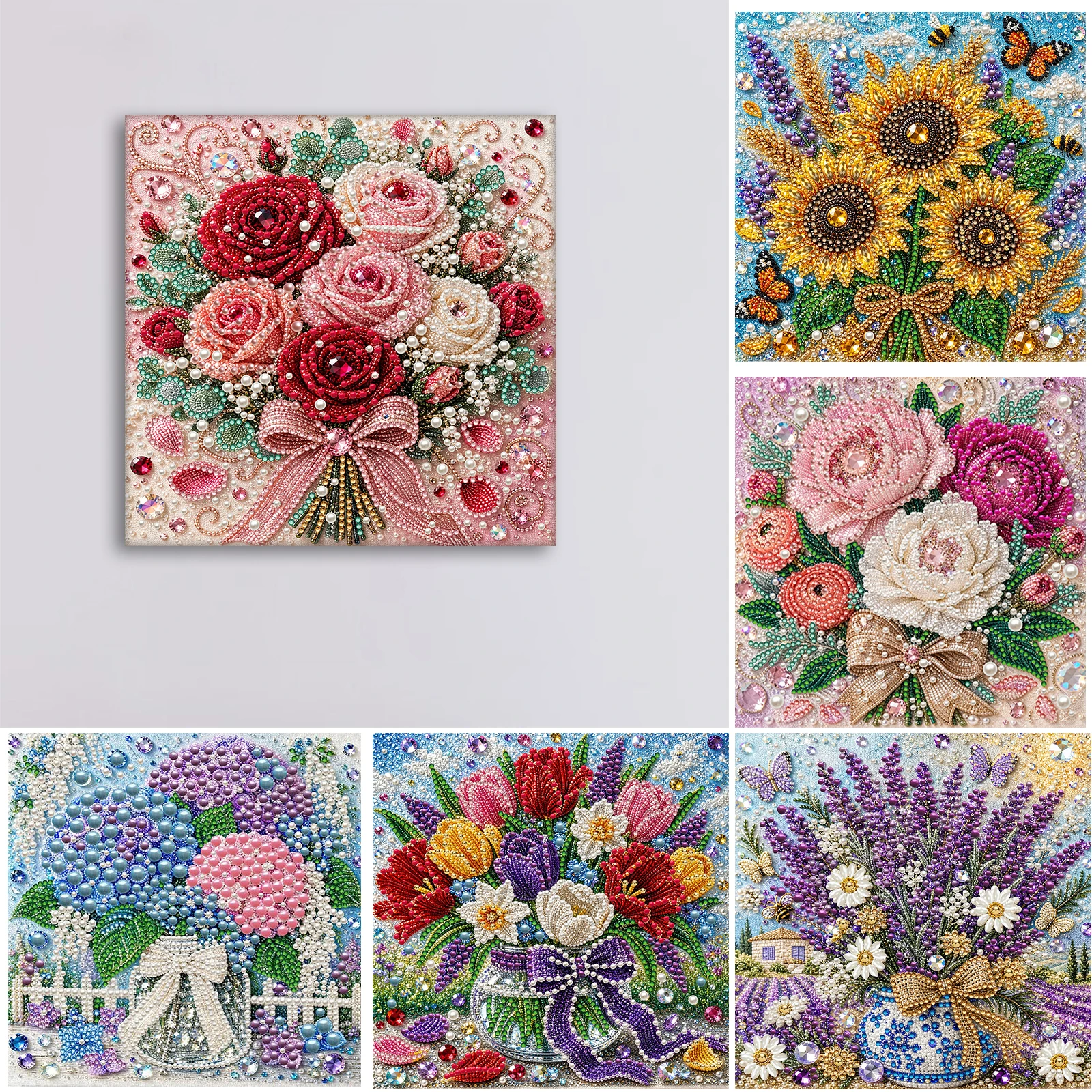 Blumenserie DIY Perlenmalerei-Set mit Holzspannrahmen 20x20cm Selbstklebendes Perlenkunst-Bastelset Wanddekoration Geschenk – Detail 12